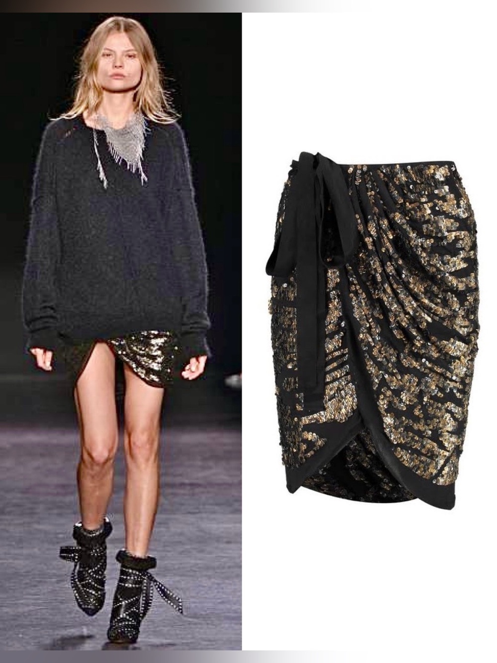 ISABEL MARANT F/W 2014 Felmira Silk Sequin Embellished Wrap Skirt in Dore Black